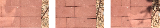 Three pictures of a sidewalk and a stick. In the first picture, there is no shadow on the sidewalk. In the second picture, there is a short, horizontal shadow on the sidewalk. In the third picture, there is a long horizontal shadow on the sidewalk.