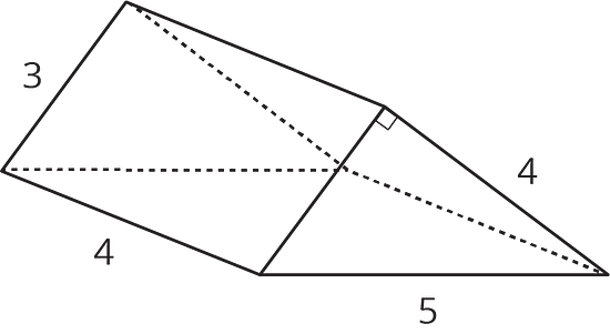 A triangular prism with a triangular base. The sides of the triangle have lengths of 3 and 4 units, and a hypotenuse with a length of 5 units. The height of the prism has a length of 4 units. 