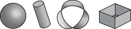 a sphere, a cylinder, a strip with 3 twists joined end-to-end, and an open-top box.