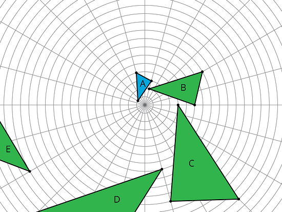 Triangles A, B, C, D, and E are shown on a grid.