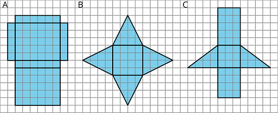 Three nets on a grid, labeled A, B, and C. Net A is composed of two rectangles that are 5 units tall by 6 units wide, two that are 5 units high and one unit wide, and two that are one unit high and six units wide. Net B is a square with a side length of 4 units and is surrounded by triangles that are four units wide at the base and four units high. Net C is a square with a side length of 3, a rectangle 3 units wide and 5 units high, another rectangle that is 3 units wide and 4 units tall, and two triangles, one on either side, that are three units tall by four units across.