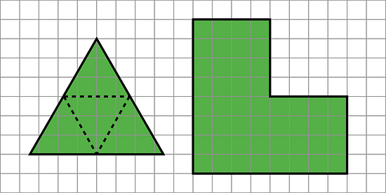 On the left is an equilateral triangle where dashed lines have been added, showing how you can partition an equilateral triangle into smaller similar triangles. Another L shaped figure is on the right.