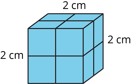 A cube has a side length of 2 blocks. 