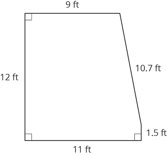 A figure is shown with the side lengths of 9, 12, 11, 1.5, and 10.7 feet. There are also 3 right angles in the figure.