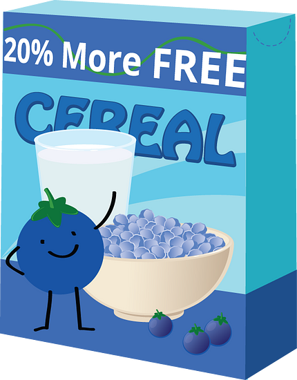 Picture of a cereal box with the label "20% more free" on the box.