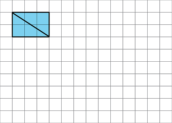 a grid with a blue rectangle that is 2 units tall and 3 units wide and has a diagonal line splitting it into 2 triangles