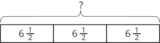 A tape diagram of 3 equal parts. Each part is labeled six and one half. A brace from the beginning of the diagram to the end of the disgram is labeled with a question mark.