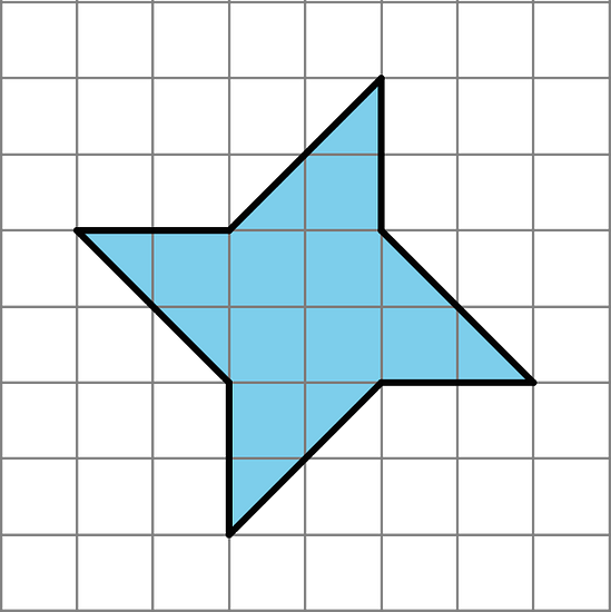 A shape with eight sides. Four sides are straight sides and extend left, right, up and, down for 2 units each. The remaining sides are angled sides connecting each of the straight sides to the next. The shape is a total of 6 units tall and 6 units wide.