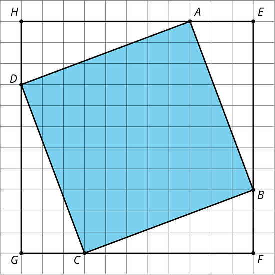 Square EFGH is graphed on a grid. Square ABCD is graphed within Square EFGH and has points that fall on the side lengths.