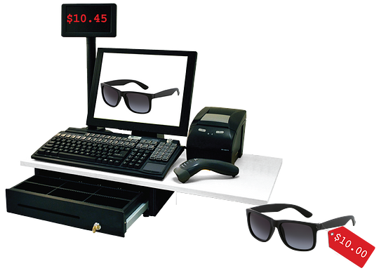 An image of a cash register, price scanner, and pair of sunglasses. The sunglasses have a price tag labeled ten point zero zero dollars. The display on the register indicates 10 point 4 5 dollars.