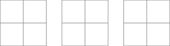 Three blank square grids. Each grid has 2 rows of 2 squares.