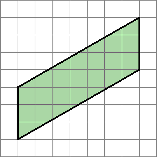 A parallelogram in a grid. The parallelogram has two vertical sides that are 3 units tall and two sides that rise 4 units over 7 units across.