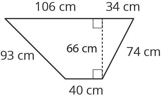 a trapezoid is shown with side lengths 106, 93, 40, and 66 centimeters. A right triangle is attached to it with side lengths of 66, 34, and 74 centimeters.
