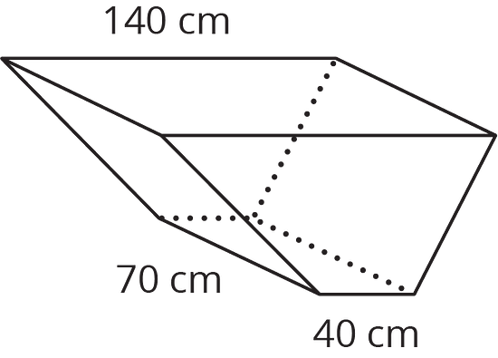 A trapezoidal prism with a bottom base width of 40 centimeters, top base width of 140 centimeters, and length of 70 centimeters is indicated.