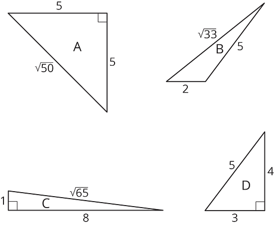 4 triangles are shown. Triangle B does not has a 90 degree angle.