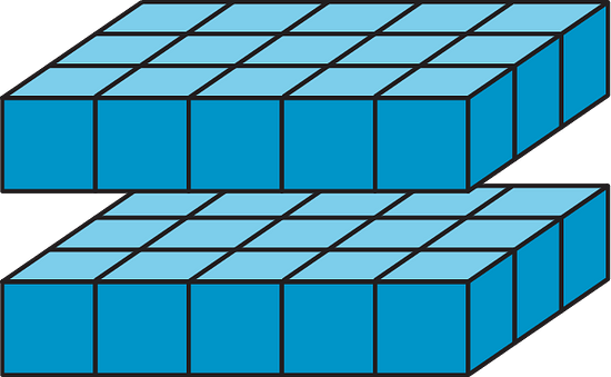  Two layers of unit cubes. Each layer has edge lengths of 1 unit, 3 units, and 5 units.  The figure is labeled 2 times 3 times 5.