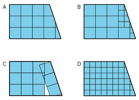 An image of four shapes labeled A, B, C, and D. Shape A is broken up into large squares, Shape B is broken up into a combination of large and small squares, Shape C is broken up into a combination of large squares and white space, and Shape D is broken up into small squares.